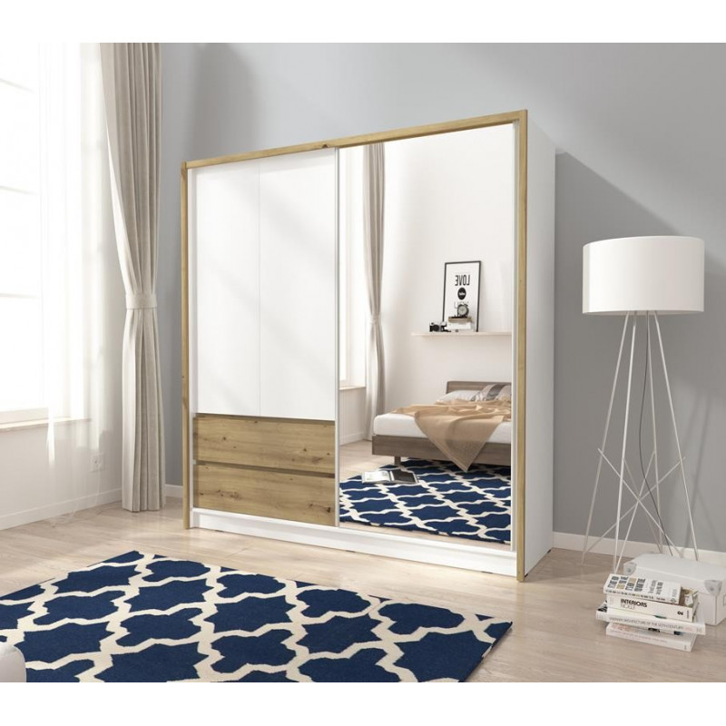 Szeroka szafa do sypialni z lustrem i szufladami SARA - 200 cm biała + dąb artisan 2/9