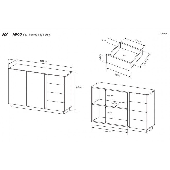 Komoda dwudrzwiowa z szufladami ALTO 138 2D4SZ Dąb artisan + grafit mat