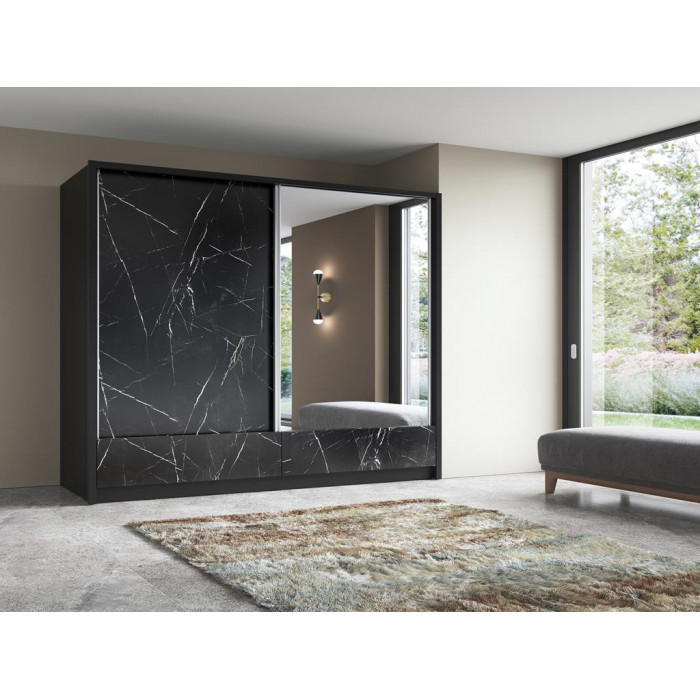 ARIA I - Stylowa szafa przesuwna 200 cm z lustrem w kolorze czarnym z efektem marmuru