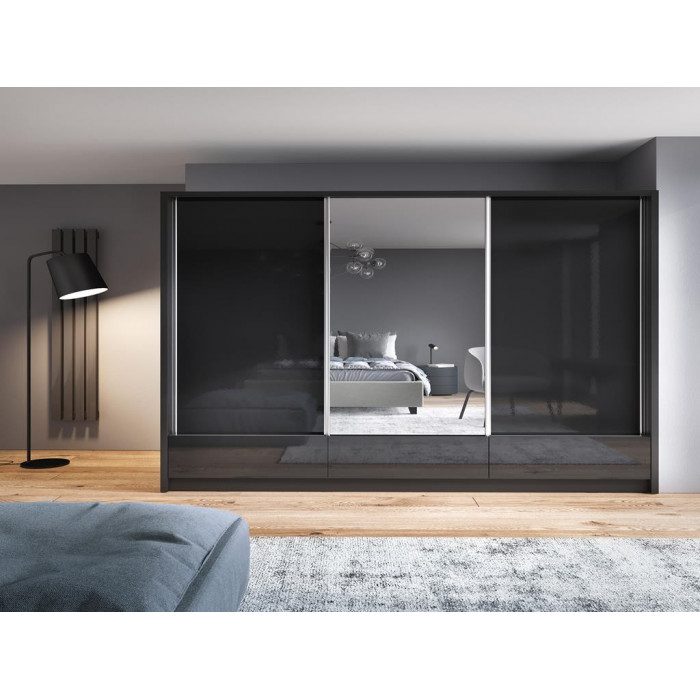 ARIA I - Szeroka szafa przesuwna 250 cm z lustrem i szufladami w kolorze czarnym połyskliwym