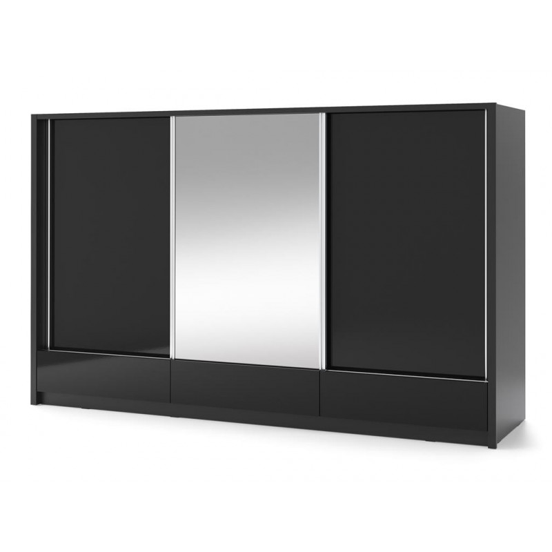 ARIA I - Szeroka szafa przesuwna 250 cm z lustrem i szufladami w kolorze czarnym połyskliwym 2/9
