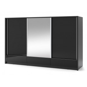 ARIA I - Szeroka szafa przesuwna 250 cm z lustrem i szufladami w kolorze czarnym połyskliwym 2/9