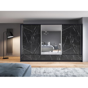 ARIA I - Pojemna szafa przesuwna 250 cm z lustrem i szufladami w kolorze czarnym z efektem marmuru