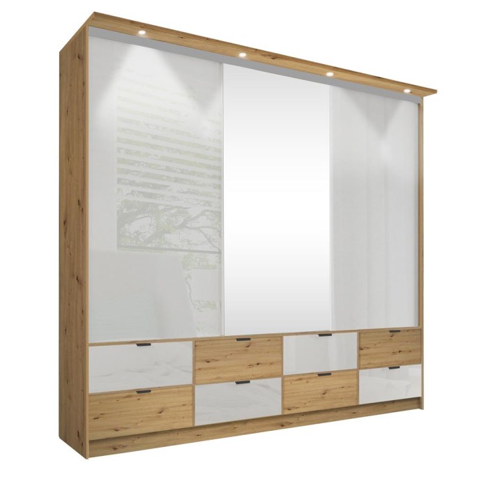 Nowoczesna szafa trzydrzwiowa z lustrem LAGON 250 / artisan+biały połysk/artisan