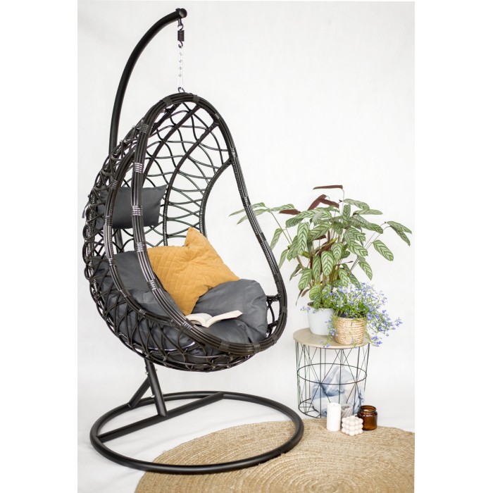 Fotel wiszący ogrodowy huśtawka kosz kokon CHIBA czarny + PODUSZKA beżowa 3