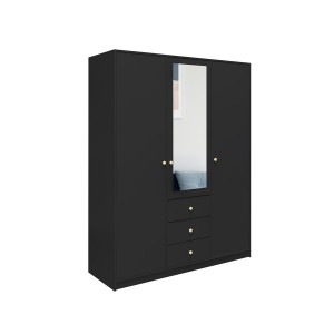 Czarna szafa z szufladami z lustrem 150 cm trzydrzwiowa złote uchwyty RAINBOW 1/9