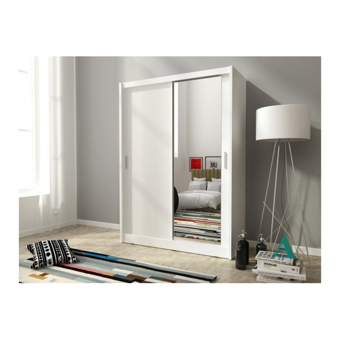Biała szafa z przesuwnymi drzwiami MAJA z lustrem 150 cm